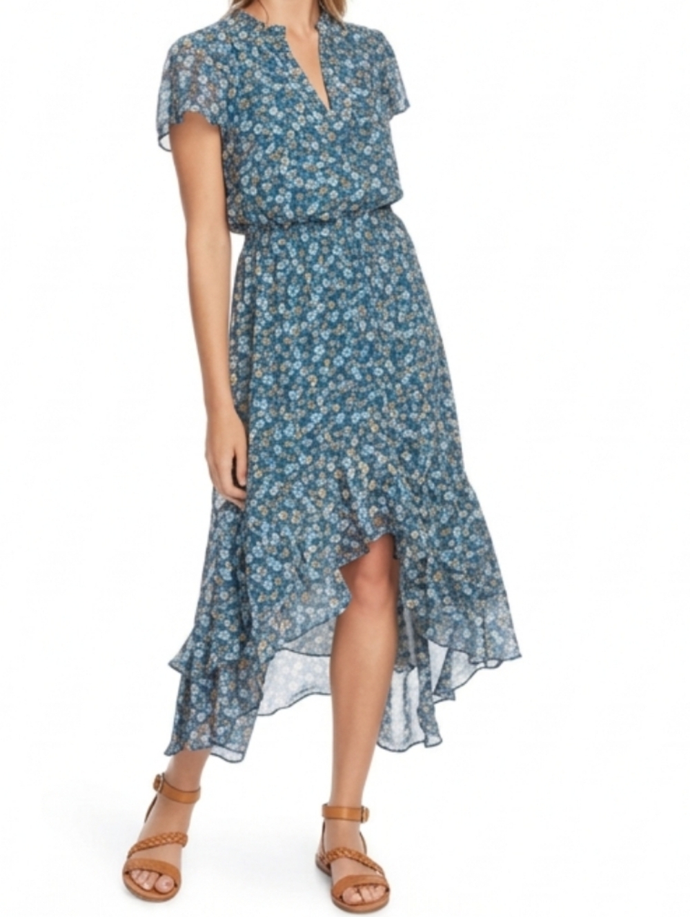 1.State High Low Asymmetrical Floral Chiffon Dress Tiered Ruffles Wedding Guest